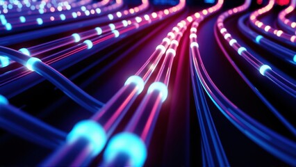 Fototapeta premium Abstract glowing lines converge, creating futuristic digital network. Vivid blue, pink hues dominate dark background. Dynamic perspective.