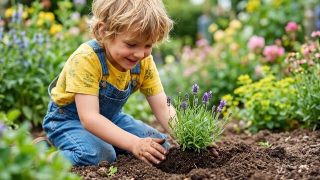 Boy planting lavender in colorful garden. Happy child kneeling in soil with young plant. Outdoor gardening activity for kids. Nature growth and environmental learning concept