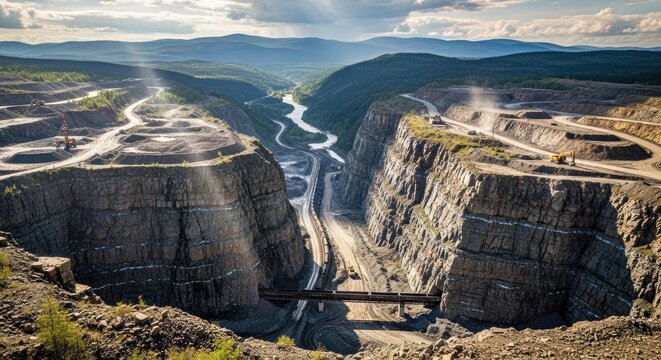 Industrial open pit mining operation rocky valley