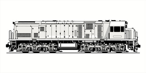 Detailed vector line art illustration of a diesel locomotive train side view isolated on white background © Vall