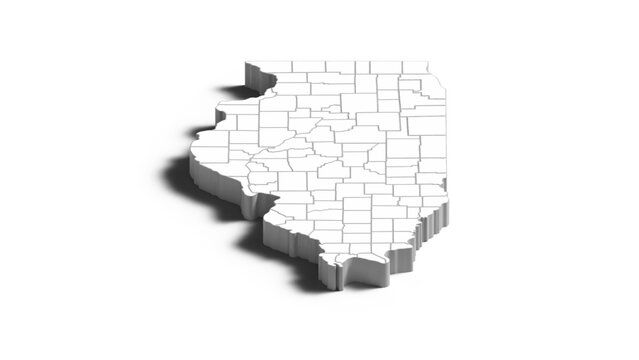 Illinois 3D Isometric Map with County Boundaries, Perspective White Vector Illustration of US State