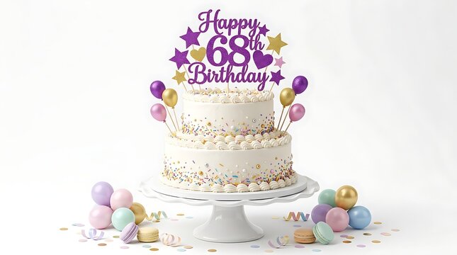 Sixty eighth birthday celebration cake with balloons and macarons