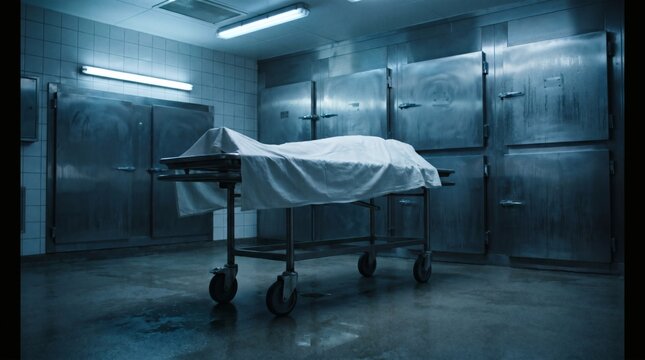 Forensic morgue with body on gurney under sheet, cold blue lighting.