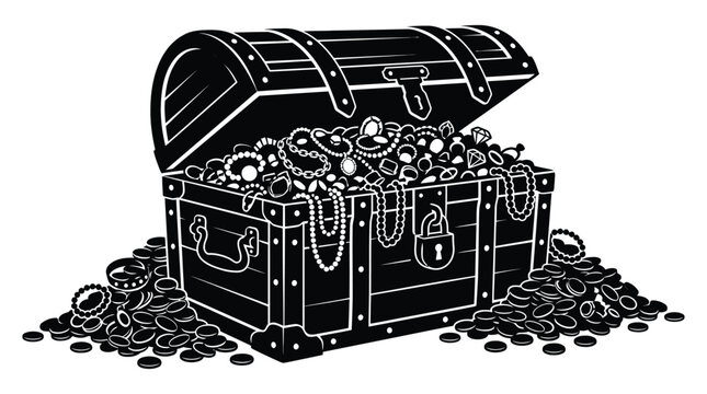 treasure chest filled with coins and jewels silhouette gems lock pirate adventure