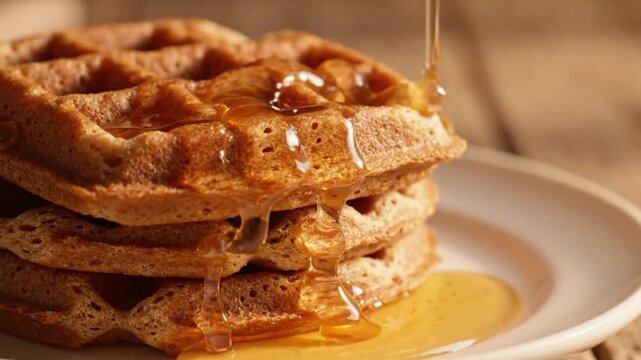 Stack of Fresh Waffles with Syrup Drizzle Close-Up.