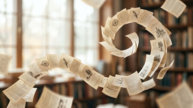 Vintage, aged papers swirl and dance in a dimly lit library. The floating pages create a spiral pattern, revealing fragments of illustrations and text.