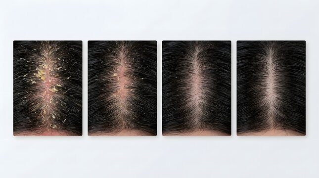 Progressive sequence of scalp healing from severe dandruff to healthy skin condition view.