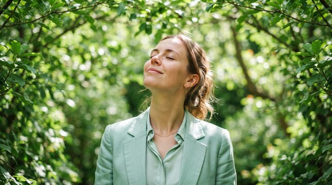 breathing exercise inhaling freedom happiness woman enjoying nature surrounded by lush green foliage, serene expression, embracing tranquilit