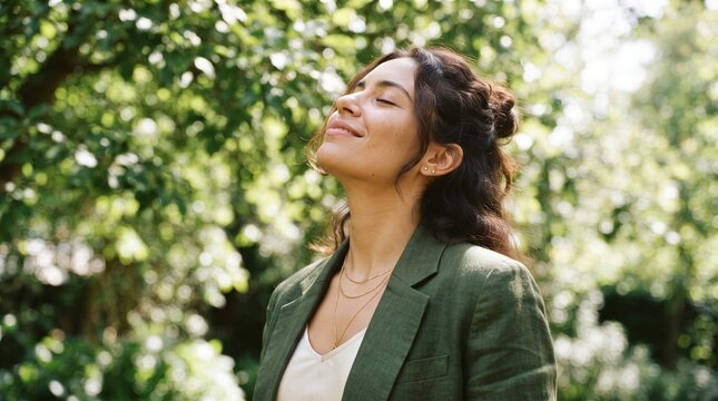 breathing exercise inhaling freedom happiness woman enjoying nature with a serene smile, wearing a green blazer, surrounded by lush greenery and sunligh