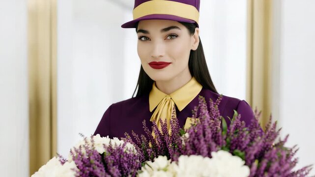 Static shot of florist in uniform presenting bouquet and smiling while standing in boutique floral shop interior with neutral backdrop