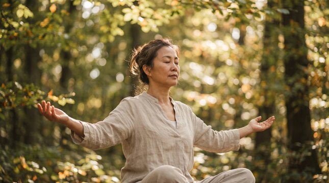 breathing exercise inhaling freedom happiness woman meditating in serene forest setting with closed eyes and open arms enjoying peace and tranquilit