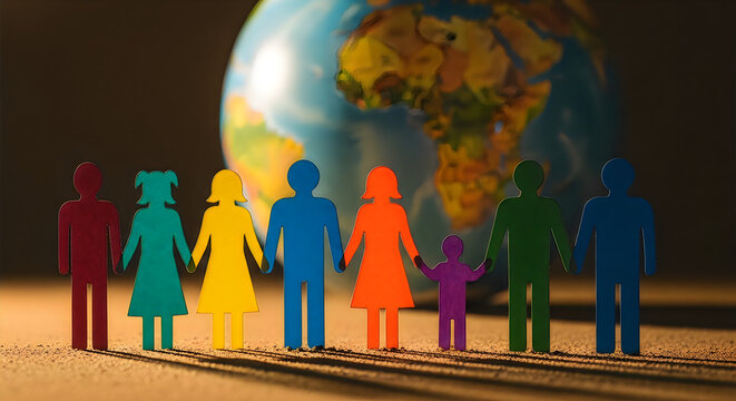 Group of Diverse Silhouetted Figures Holding Hands in Front of Earth Globe with Warm Sunset Lighting