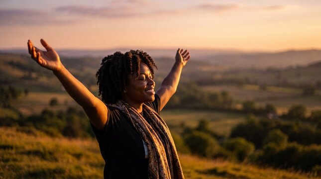 breathing exercise inhaling freedom happiness woman with arms outstretched in a serene landscape at sunset, embracing the peacefulness and joy of the momen