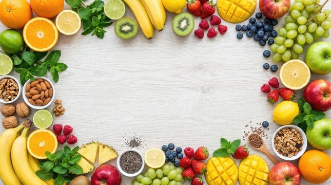 A vibrant assortment of fresh fruits and nuts is arranged in a decorative border on a white wooden table.