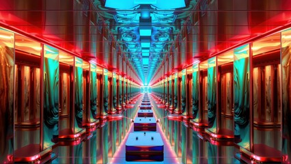 Fototapeta premium Infinite corridor. Reflective surfaces create repeating patterns. Bright neon lights illuminate dark space. Futuristic design evokes digital world.