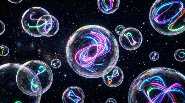Numerous transparent bubbles with glowing colorful abstract light patterns floating in a dark cosmic space.