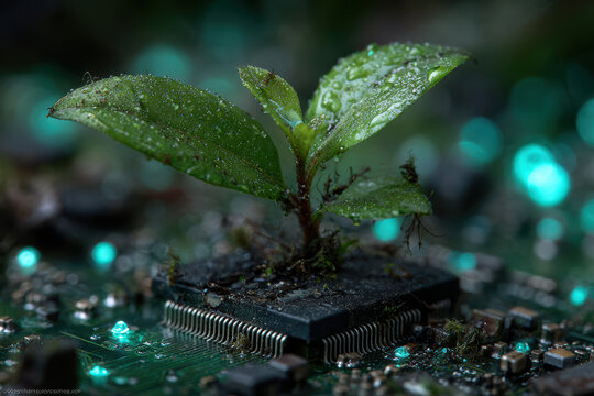 Young green plant sprouting from a computer chip, symbolizing sustainable technology. Ideal for green tech ads, innovation articles, banners, and social media.