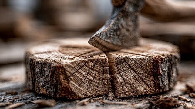 A wooden log cleanly split by an axe, revealing a fresh cross-section.