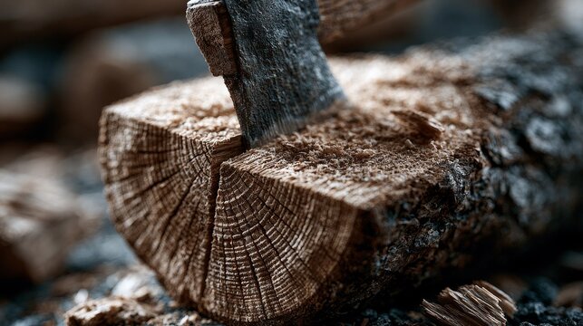 A wooden log cleanly split by an axe, revealing a fresh cross-section.