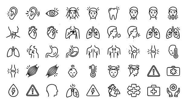 Medical Symptom Vector Icon Set with Ear Eye Heart Lung Pain and Healthcare Warning Symbols