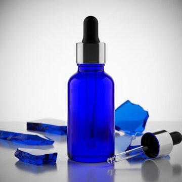 A mockup of a blue glass skincare product bottle with a dropper and broken glass shards on a reflective surface showcasing a product.