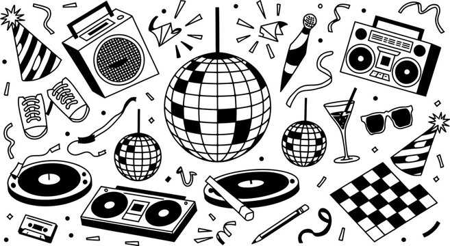 Black and white doodle art of party elements and music equipment disco ball boombox