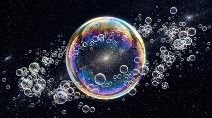 Fototapeta premium A large iridescent soap bubble reflecting a galaxy, surrounded by numerous smaller bubbles against a cosmic starry background.