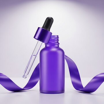 A purple skincare product mockup bottle with a dropper and ribbon on a white surface, showcasing a sleek design and minimalist aesthetic for a new skincare product launch.