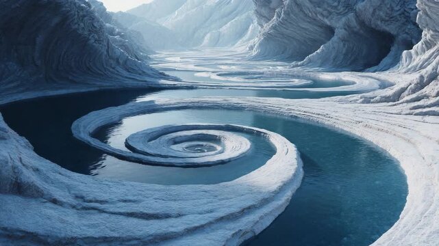 Polar valley with naturally formed ice spirals surrounding calm mirror lakes, photoreal atmosphere, focused depth