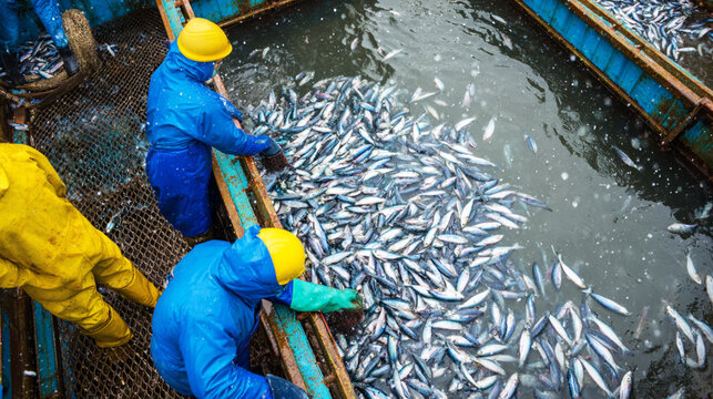 Workers in protective gear sort a large catch of fish on a modern aquaculture farm