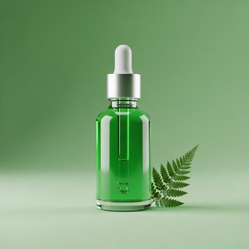 A mockup of a green skincare product bottle with a dropper and a fern leaf on a light green surface with a green background showcasing a natural product.