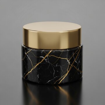 A luxurious gold and black marble skincare product mockup sits on a reflective surface in a modern studio setting with elegant lighting.