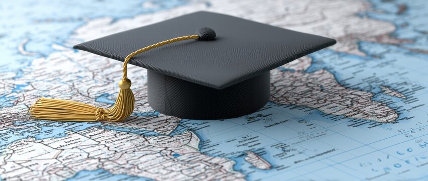 World map and graduation cap on the earth, global education concept background.