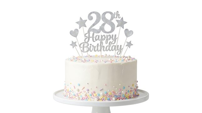 28th birthday cake with silver glitter topper and colorful sprinkles