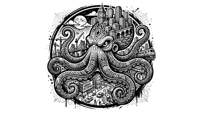 Giant Octopus Overwhelms Cityscape, Urban Fantasy Art, Black and White Illustration