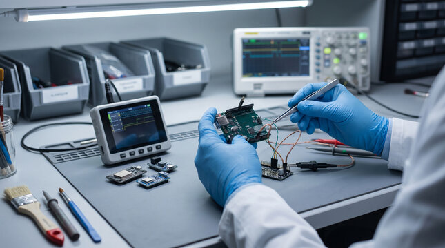 Engineer Probing Microcontroller Board During Embedded Lab Testing