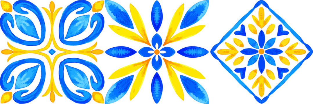 Blue and yellow watercolor floral tiles in Portuguese azulejo style ceramic mosaic