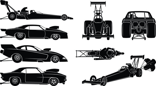 Drag racing vehicle silhouette vector collection featuring dragsters and muscle cars