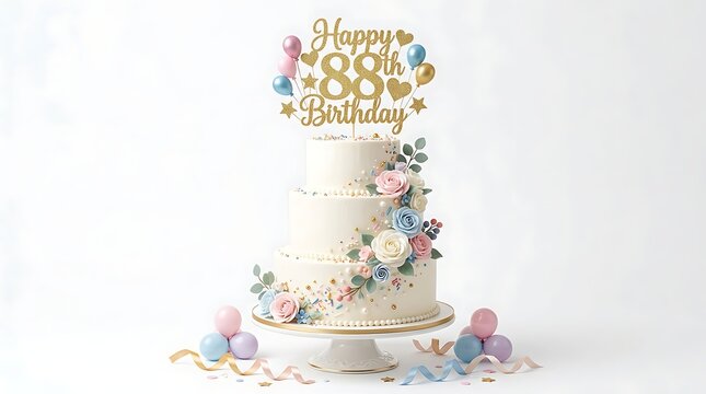 Elegant two tier birthday cake with floral decorations and 'happy 88th birthday' topper