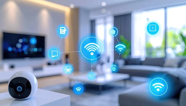 Smart Home Security Camera Connected to Wireless Network in Modern Living Room