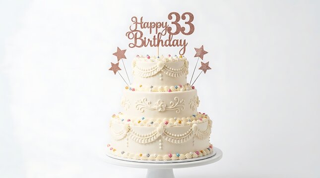 Elegant three tier birthday cake with rose gold 'happy 33rd birthday' topper