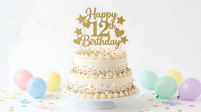 12th birthday cake with pastel balloons and confetti celebration