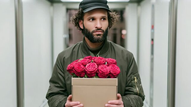Tracking shot of man carrying box of red roses while walking through subway corridor and platform