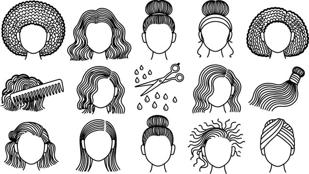 Collection of black and white line art hairstyles and hair care icons vector illustration