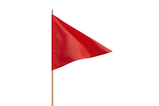 Red flag pennant triangle waving on a pole, symbolizing warning, danger, location, or golf course marking