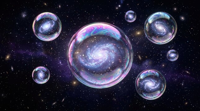 An artistic representation of the multiverse concept, showing multiple bubble universes each containing a spiral galaxy floating in the vast cosmic expanse.