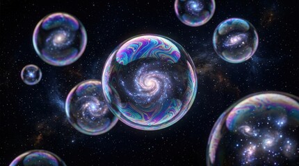 Naklejka premium An artistic representation of a multiverse concept, featuring numerous spherical bubbles, each containing a spiral galaxy, floating in the vast expanse of space.