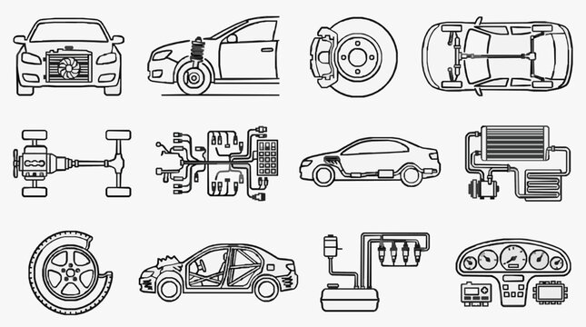 Corporate Black and White Line Drawing Icons Set Featuring Various Car Parts and Maintenance Tools