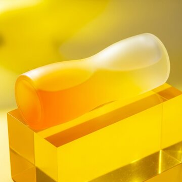 The mockup shows a skincare product on a yellow block with a blurred background.