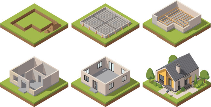 Isometric Construction Process Stages Showing Steps from Foundation Excavation to Completed Residential House Illustration